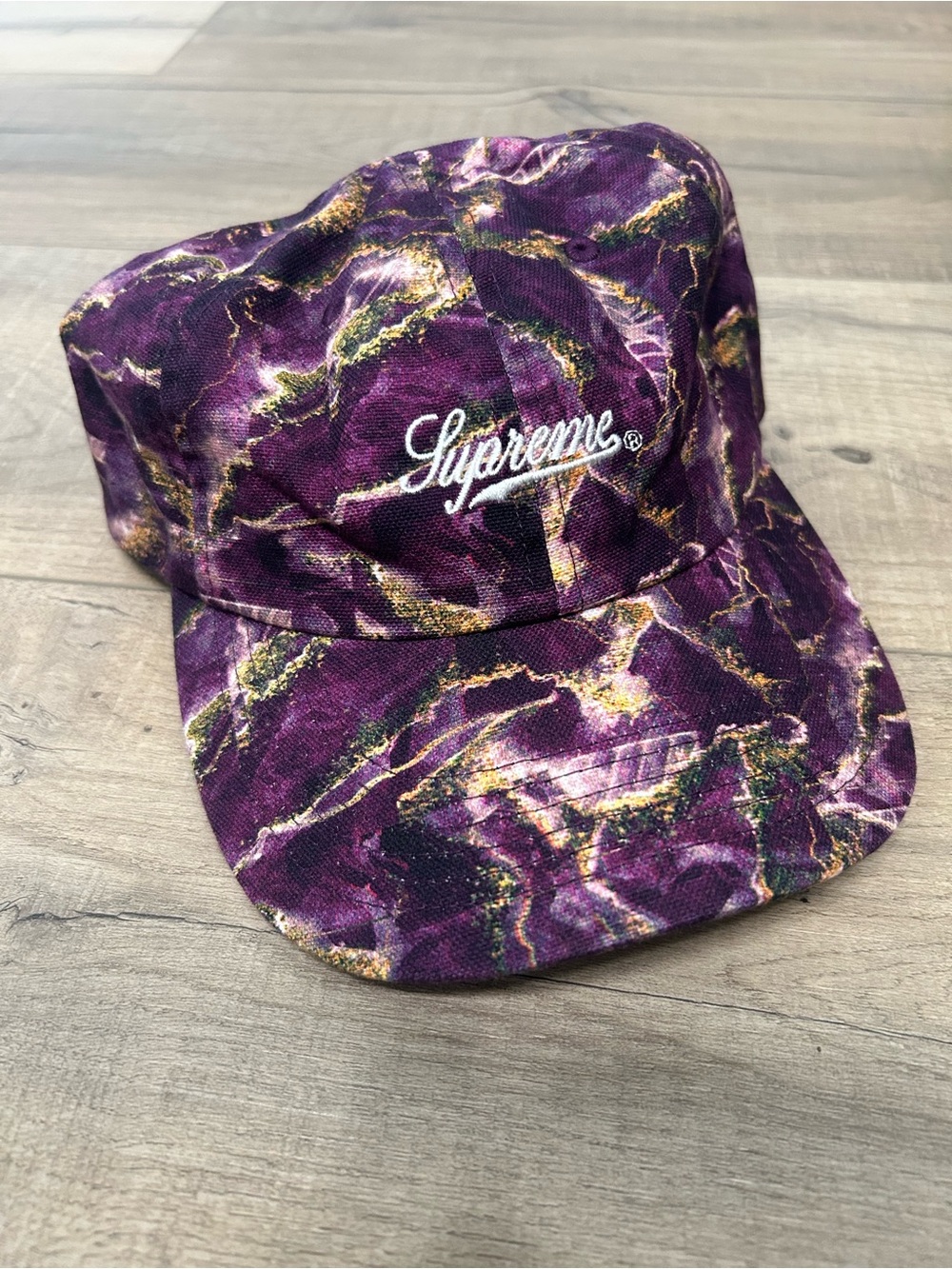 Supreme FW20 White Script Logo on Purple Marble Cap